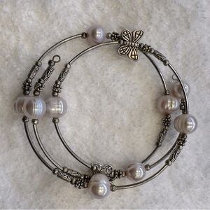 Coil Bracelet - Silver & iridescent beads with Butterfly charms